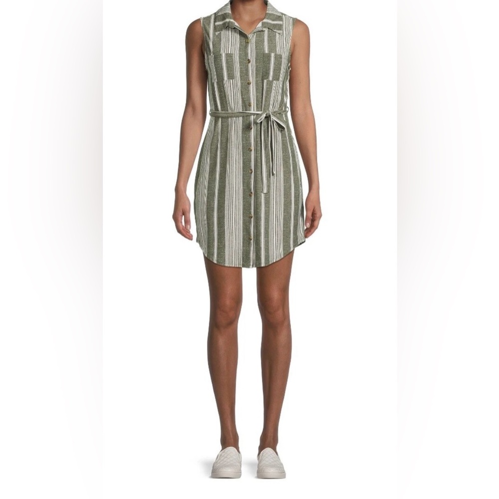 No Boundaries Olive Green and White Striped Button-Up Dress